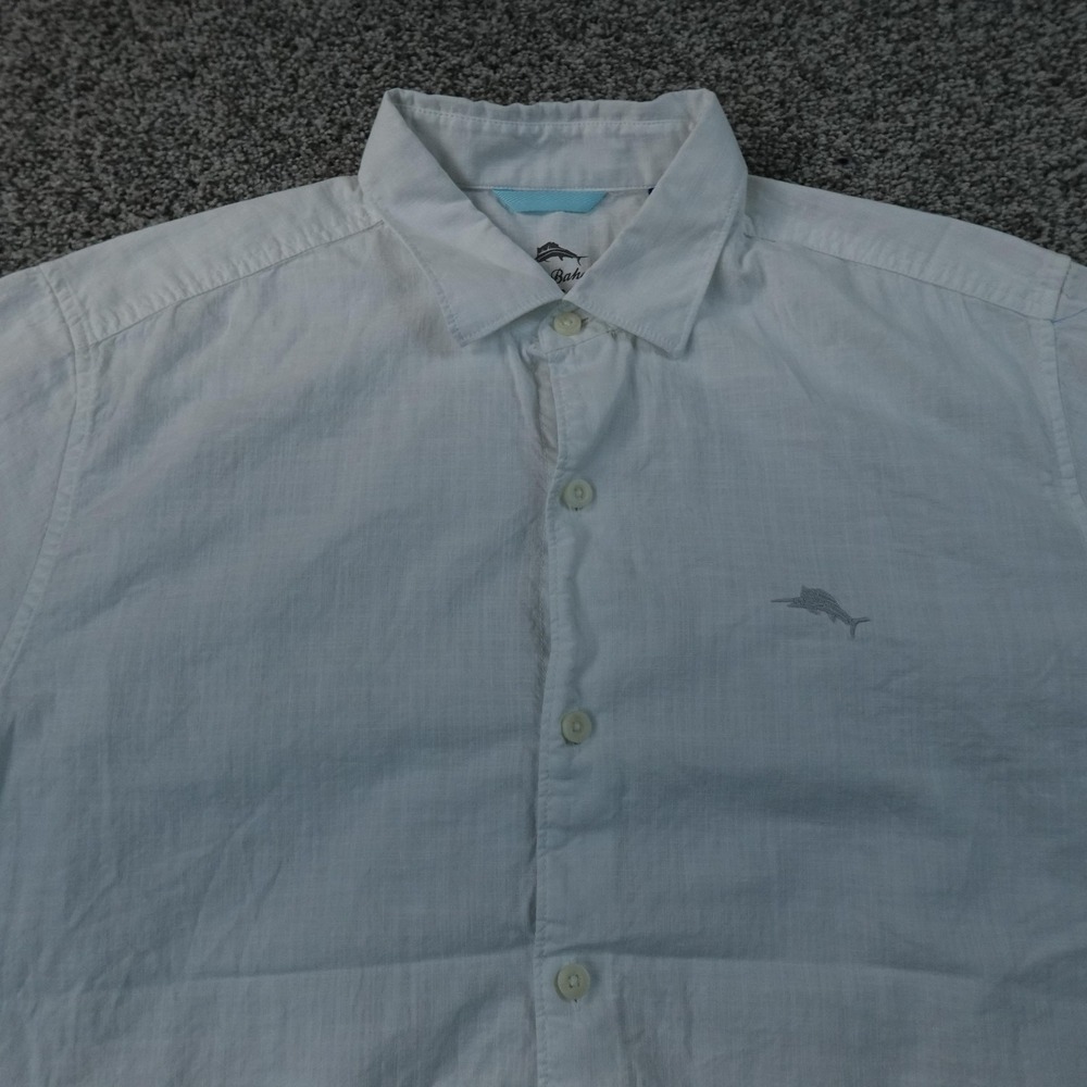 Tommy Bahama‎ Shirt Mens L White Chambray Short Sleeve Button Up Casual Logo Top